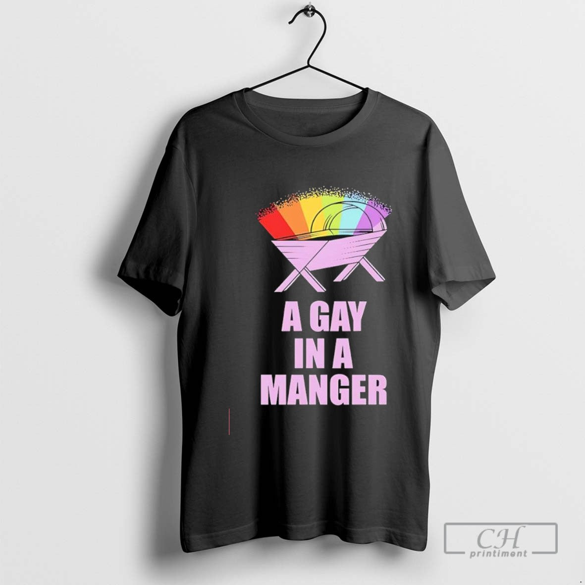 A Gay In A Manger Christmas Rainbow Graphic